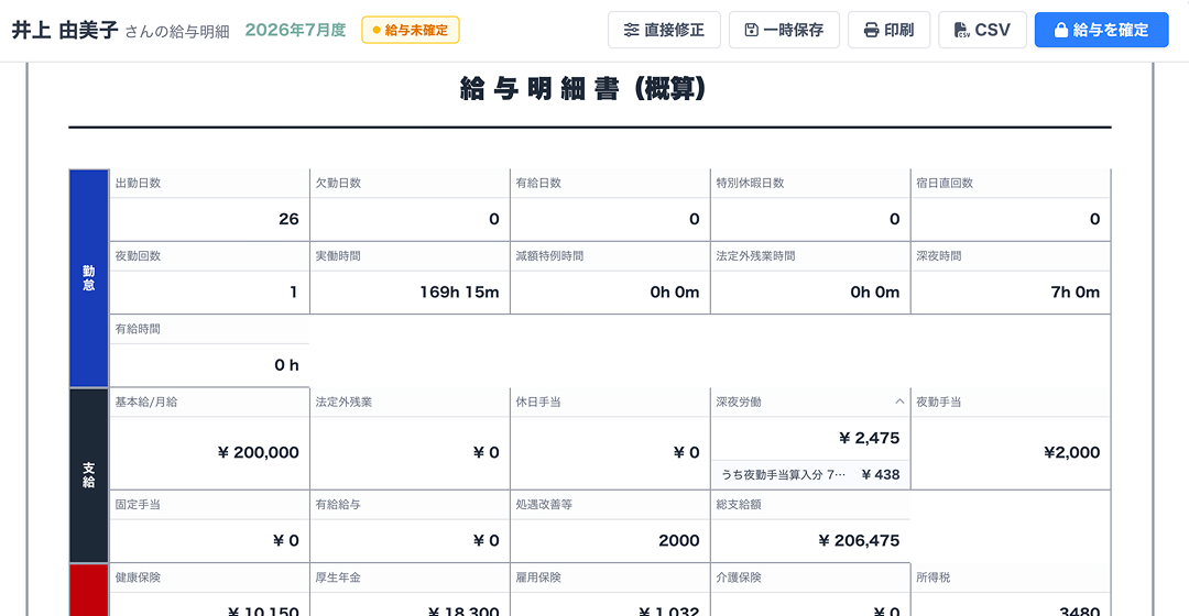 ケアシフの給与計算画面。勤怠実績から割増賃金や各種手当を自動計算